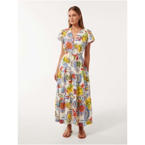 Forever New Women's Jacqueline Puff-Sleeve Tiered Midi Dress in Sorrento Tile