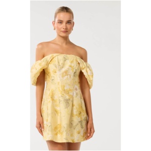 Forever New Women's Jacquie Off Shoulder Mini Dress in Gold Layla Botanical