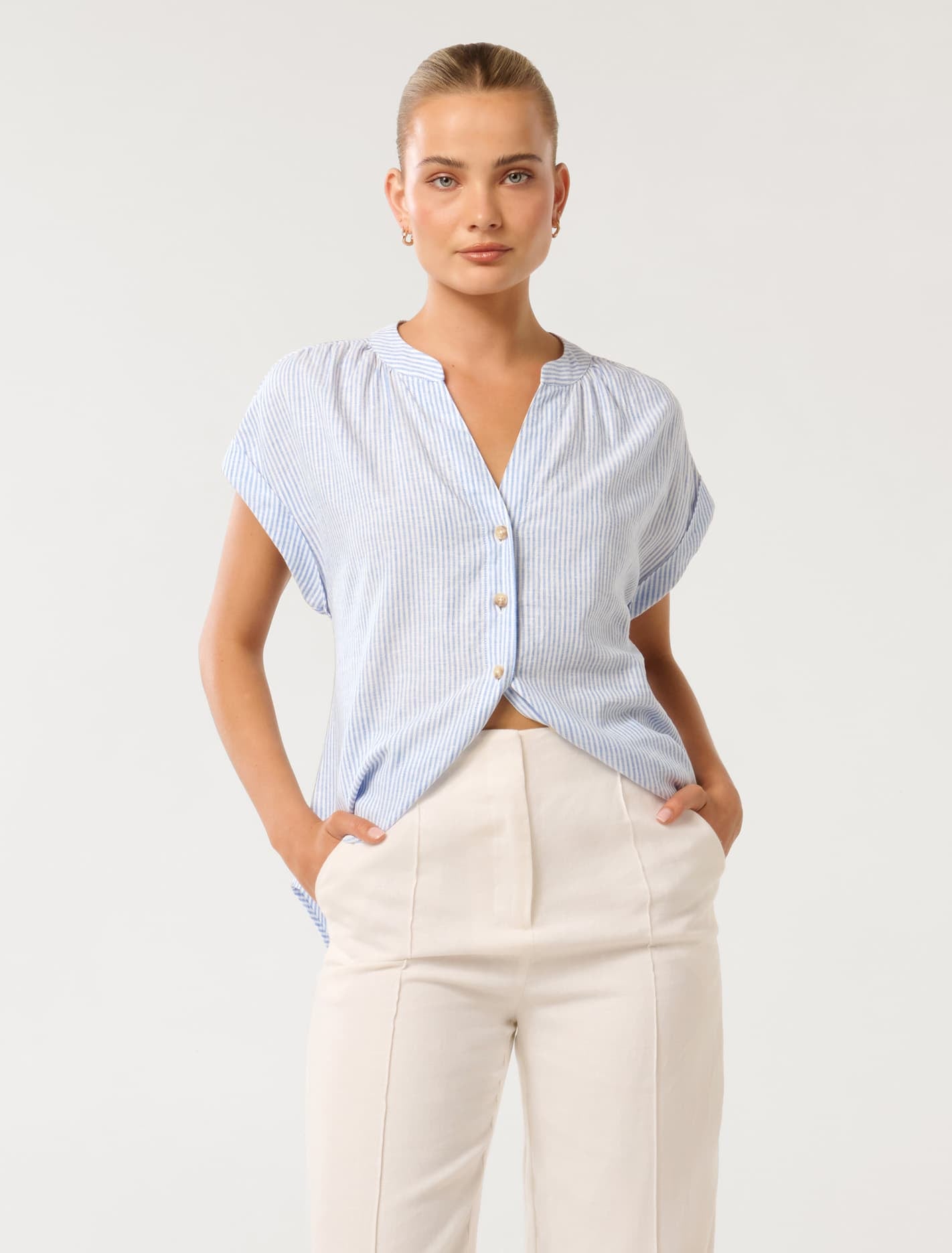 Forever New Women's Leoni Button-Through Blouse in Fine Blue Stripe