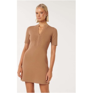 Forever New Women's Leonie Lace Trim Knit Dress in Camel