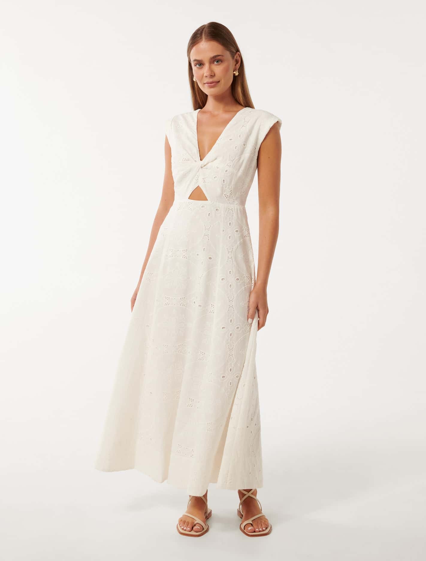 Forever New Women's Levi Broderie Twist-Front Midi Dress in Porcelain