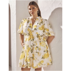 Forever New Women's Loanna Curve Puff-Sleeve Mini Dress in Limone Floral