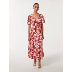 Forever New Women's Marbella Petite Printed Trim Midi Dress in Red Salinas Tropical