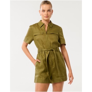 Forever New Women's Remy Zip Utility Linen Playsuit in Olive Branch