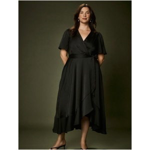 Forever New Women's Sienna Curve Satin Wrap Ruffle Dress in Deep Pine