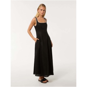 Forever New Women's Solene Linen Whip-Stitch Midi Dress in Black White