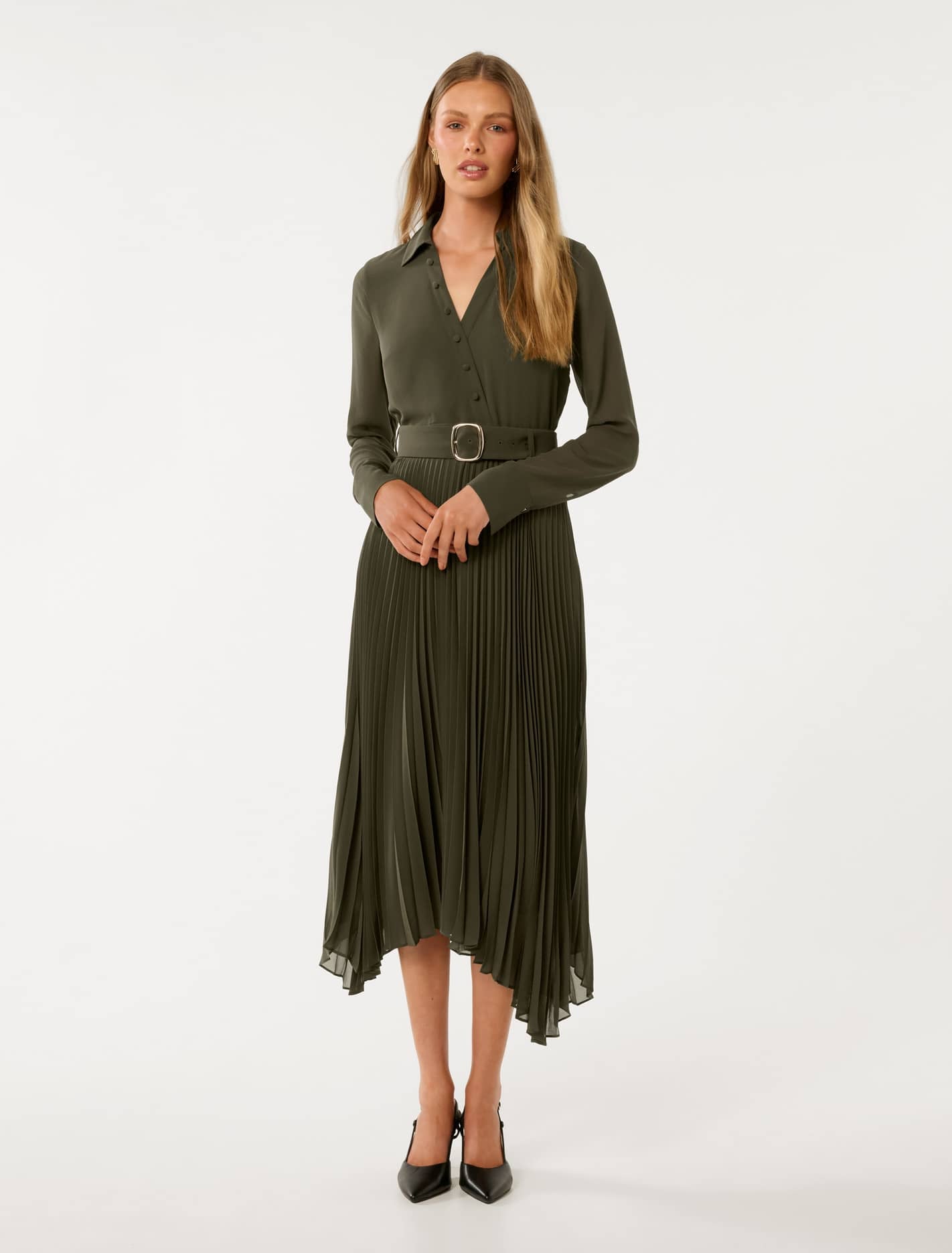 Forever New Women's Theresa Wrap Pleat Midi Dress in Khaki