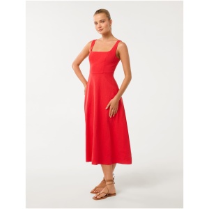 Forever New Women's Tori Square Neck Linen Midi Dress in Heirloom Tomato