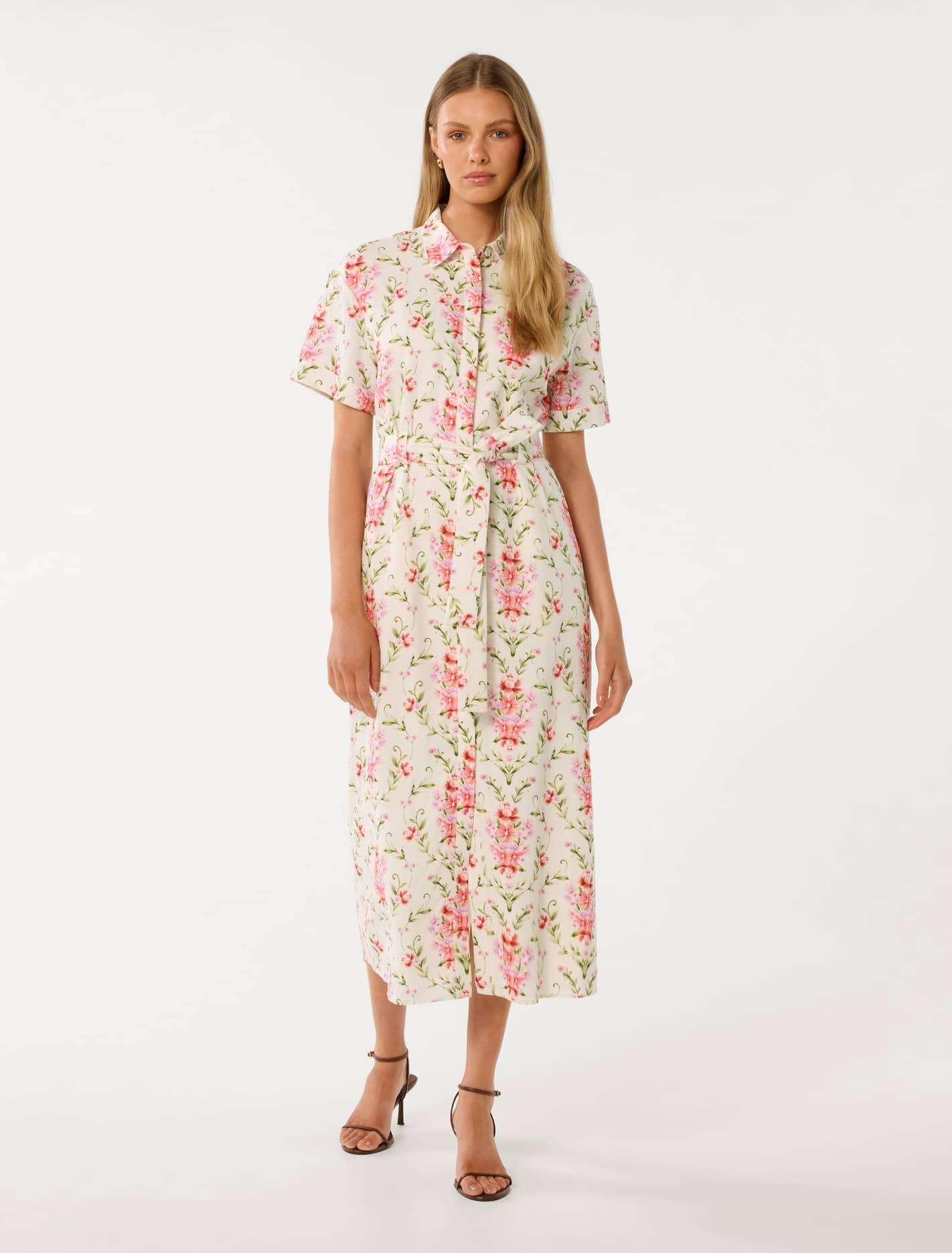 Forever New Women's Willow Short-Sleeve Linen Midi Dress in Pink Harmony Floral