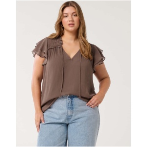 Forever New Women's Yuna Curve Frill Shell Blouse in Dark Dove