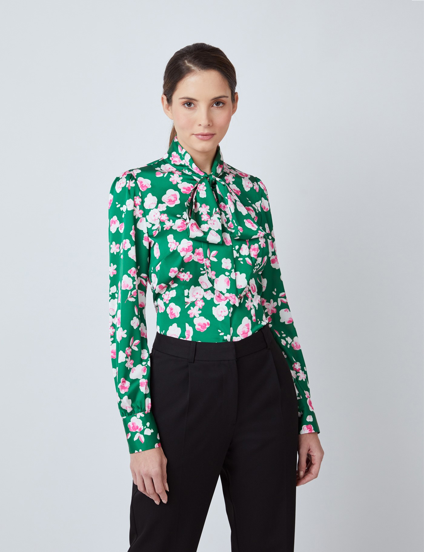 Hawes & Curtis Women's Green & Pink Floral Print Satin Blouse - Single Cuff - Pussy Bow Green/Orange Viscose