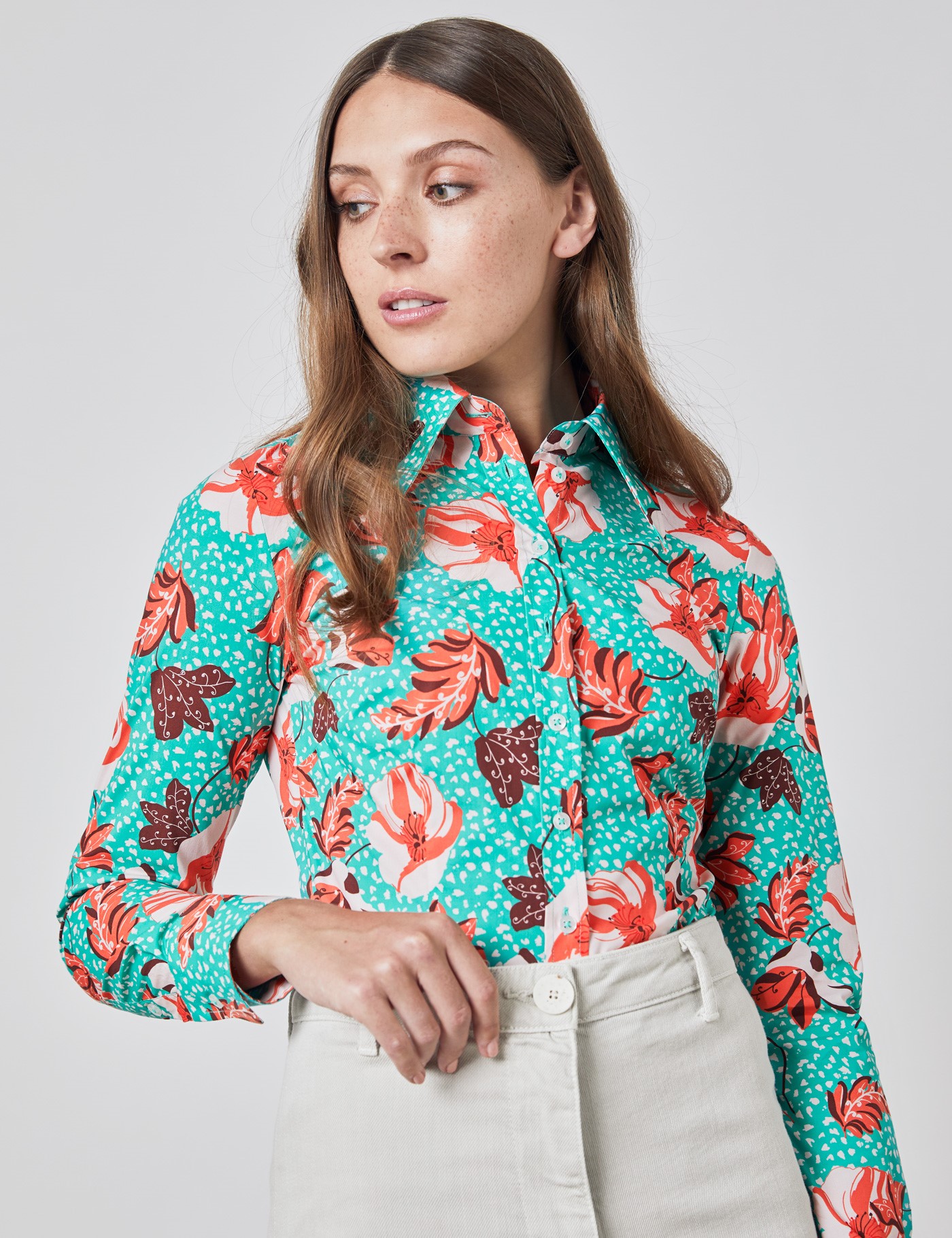 Hawes & Curtis Women's Teal & Brown Vintage Floral Fitted Shirt - Single Cuff Cotton Stretch