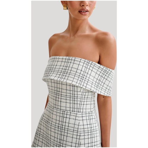 Helena Tweed Off Shoulder Mini Dress - White Check