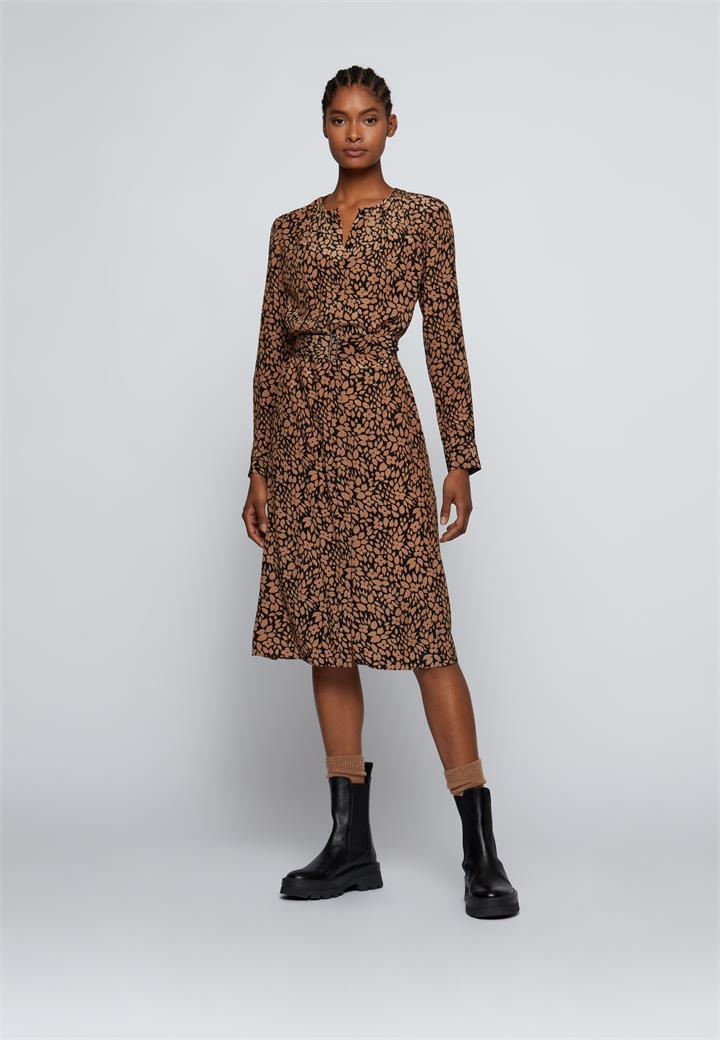 Hugo Boss Sale Women's Belted Silk Dress Digital Printing Brown / XS/S Silk Midi Dresses Afterpay Available