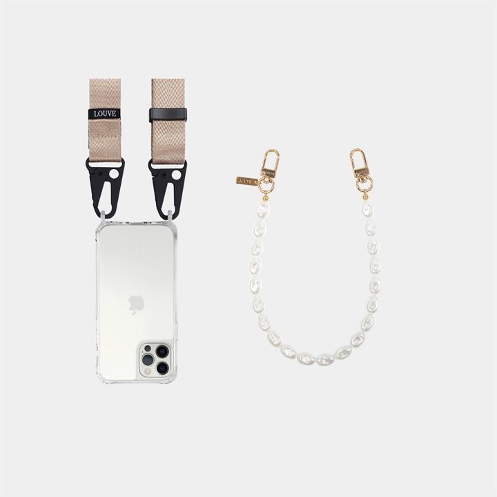 Louve Collection Sale Women's Classic Clear Phone Case + Latte Love Nude Crossbody Phone Lanyard + Pearl Phone Wristlet / Bracelet Iphone 14 Plus With