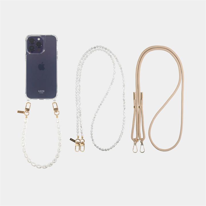 Louve Collection Sale Women's Classic Clear Phone Case + Pearl Phone WristletÂ /Â Bracelet + Pearl Crossbody Phone Chain + Bisque Beige Crossbody Phon