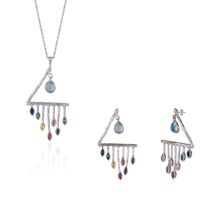 Spero London Sale | Unisex|Colourful Rainbow Rain Drop Earring and Necklace Set in Sterling Silver | One Size | Fashion Designer Jewellery | Afterpay