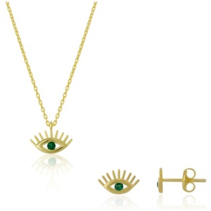 Spero London Sale | Unisex|Emerald Eye Evil Eye Sterling Silver Necklace and Stud Earring Set | One Size | Fashion Necklaces | Afterpay Available