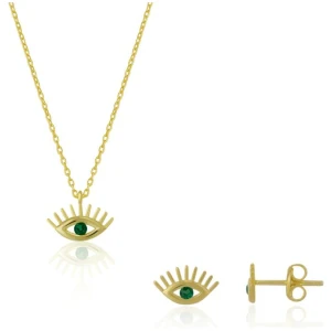 Spero London Sale | Unisex|Emerald Eye Evil Eye Sterling Silver Necklace and Stud Earring Set | One Size | Fashion Necklaces | Afterpay Available