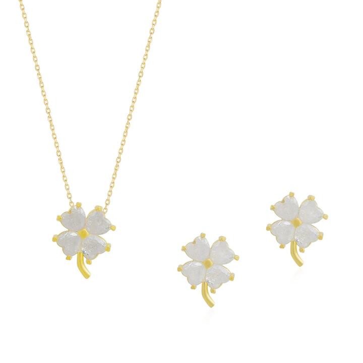 Spero London Sale | Unisex|Four Leaf Clover Sterling Silver Necklace and Earring Set | White | One Size | Fashion Necklaces | Afterpay Available