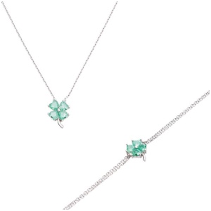 Spero London Sale | Unisex|Four Leaves Clover Sterling Silver Bracelet and Necklace Set in Green | One Size | Fashion Designer Jewellery | Afterpay Av