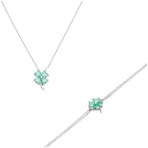 Spero London Sale | Unisex|Four Leaves Clover Sterling Silver Bracelet and Necklace Set in Green | One Size | Fashion Designer Jewellery | Afterpay Av