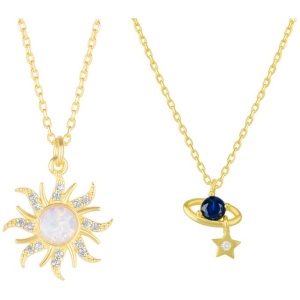 Spero London Sale | Unisex|White Opal Sun & Sunburst and Saturn Necklace Layering Set in Sterling Silver | One Size | Fashion Necklaces | Afterpay Ava