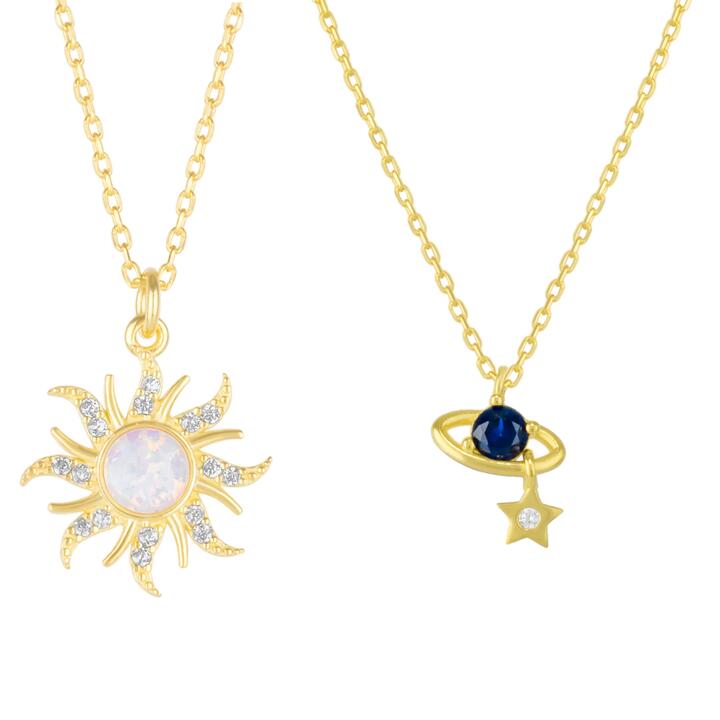 Spero London Sale | Unisex|White Opal Sun & Sunburst and Saturn Necklace Layering Set in Sterling Silver | One Size | Fashion Necklaces | Afterpay Ava