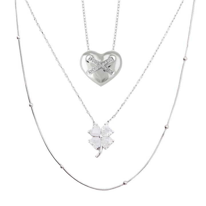 Spero London Sale | Women's Heart X Italian Beaded White Clover Sterling Silver Stacking Necklace Set | One Size | Fashion Necklaces | Afterpay Availa