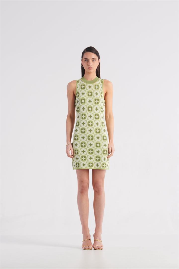 St Cloud Label Sale Women's Marrakesh Mosaic Mini Knit Dress Citrus Green Multi L Viscose Mini Dresses Afterpay Available