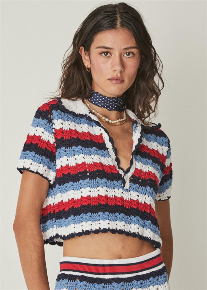 The Upside Sale | Women's CHANTILLY CROCHET EZRA SHIRT | STRIPE [USW423085] | Stripe / M | Cotton Shirts | Afterpay Available