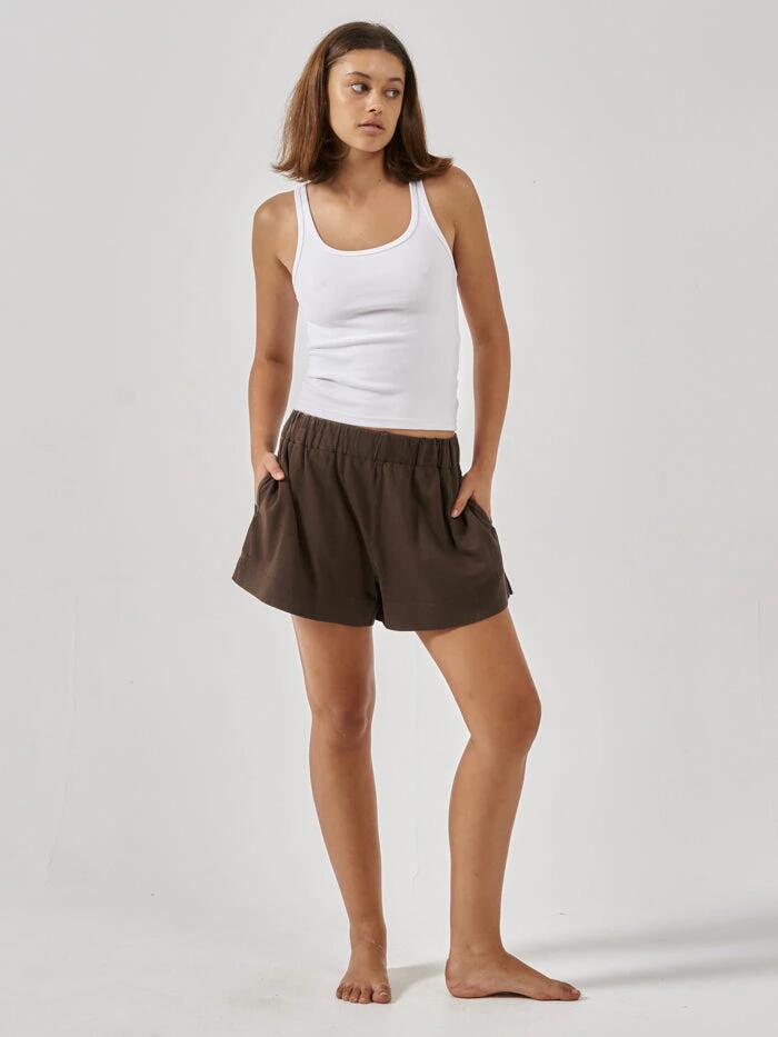 Thrills Sale | Women's Hemp Mid Rise Short | Postal Brown | 6 | Cotton Shorts | Afterpay Available