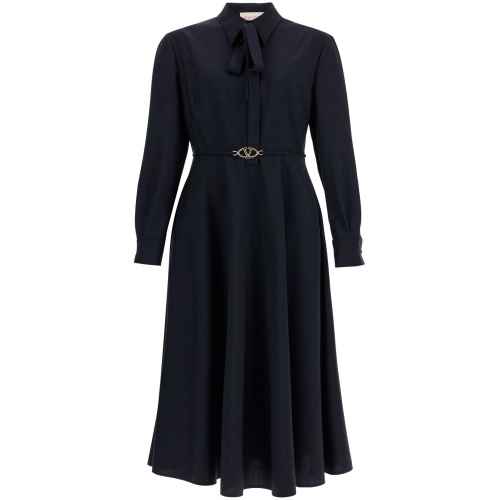 VALENTINO GARAVANI elegant navy blue wool dress with long sleeves and golden belt