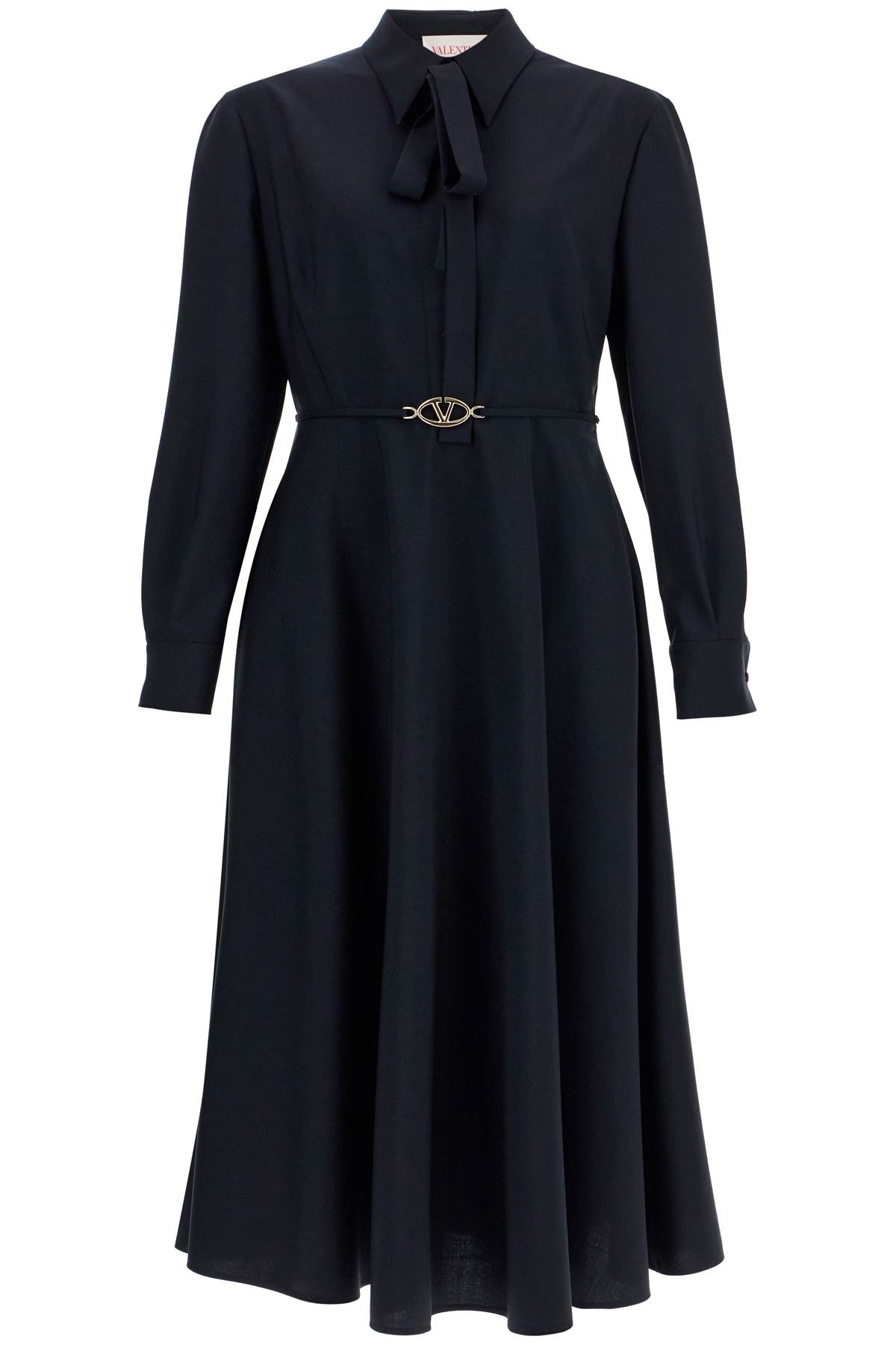 VALENTINO GARAVANI elegant navy blue wool dress with long sleeves and golden belt